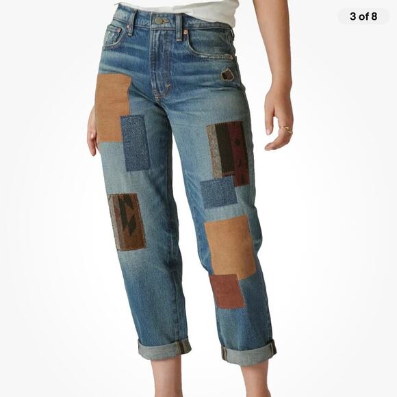 Lucky Brand Lucky Legend Womens Boy Mid Rise Jeans Straight 24R Patchwork Boho - Picture 1 of 11